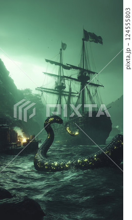 mythical sea serpent rises near shipwreck in stormy sea, glowing with eerie light mythical sea serpent rises near shipwreck in stormy sea, glowing with eerie light 124555803