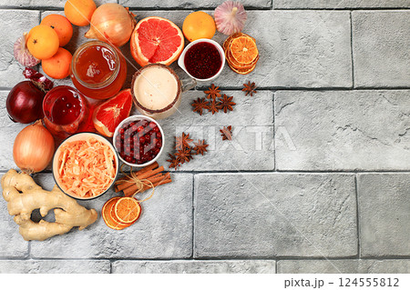 ingredients to strengthen the immune system. Healthy natural products with vitamin C to treat flu 124555812