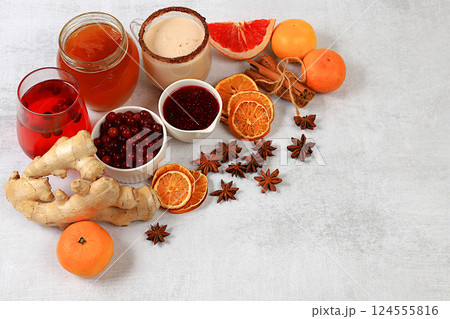 Healthy natural products with vitamin C for flu and colds. Select fresh fruits and vegetables and natural ingredients to strengthen the immune system. Organic virus protection, selective focus. 124555816