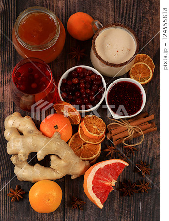 Healthy natural products with vitamin C for flu and colds. Select fresh fruits and vegetables and natural ingredients to strengthen the immune system. Organic virus protection, selective focus. 124555818