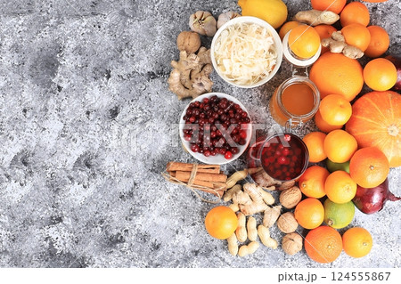 Healthy natural food for the flu and colds. A selection of fresh fruits and vegetables with vitamin C and natural ingredients to strengthen the immune system. Organic virus protection products, 124555867