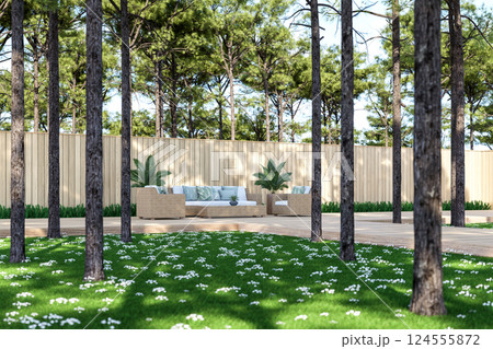 A modern contemporary wooden balcony with rattan furniture 3D render 124555872