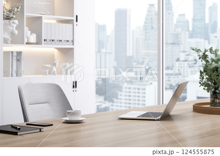 Modern style wooden work table with city view background 3d render 124555875