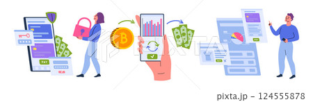 Cartoon Color Characters People and Finance Payments with Phone or Bitcoin and Dollar Transfer Service Set Concept Flat Design Style. Vector illustration Cartoon Color Characters People and Finance Payments with Phone or Bitcoin and Dollar Transfer Service Set Concept Flat Design Style. Vector illustration 124555878