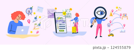 Cartoon Color Character Woman Tourist Planning Trip Concept Flat Design Style. Vector illustration of Booking Hotel and Plans A Route Cartoon Color Character Woman Tourist Planning Trip Concept Flat Design Style. Vector illustration of Booking Hotel and Plans A Route 124555879