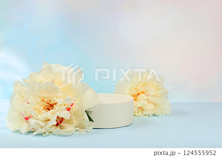 Abstract floral arrangement with delicate flowers peonies, roses and empty podium for product display.Spring still life and banner for screen,elegant beauty concept,template for design Abstract floral arrangement with delicate flowers peonies, roses and empty podium for product display.Spring still life and banner for screen,elegant beauty concept,template for design 124555952