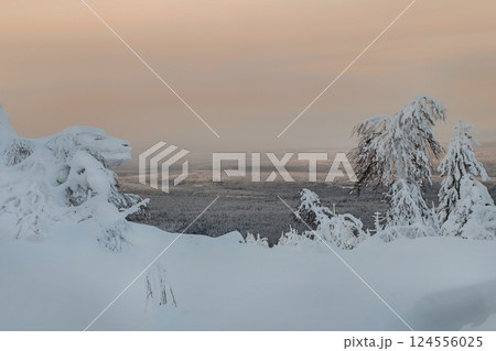 Twilight winter landscape with a bizarre cliff 124556025
