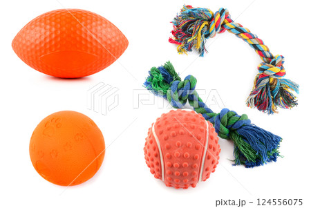 Dog toy balls and rope,isolated on white background. 124556075
