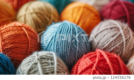 Colorful yarn balls in cozy crafting array. 124556176