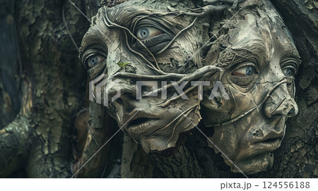 Haunting sculpted faces emerging from tree. Haunting sculpted faces emerging from tree. 124556188