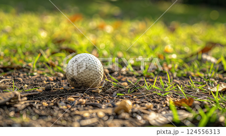 Golf ball on rough ground with sunlight. 124556313