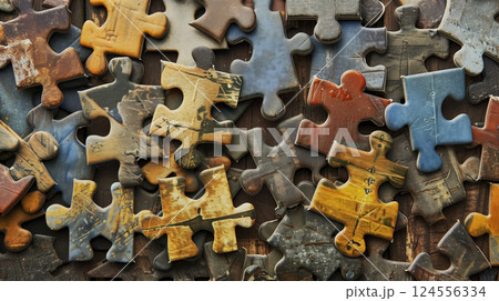 Jigsaw puzzle pieces in disarray, close-up. 124556334