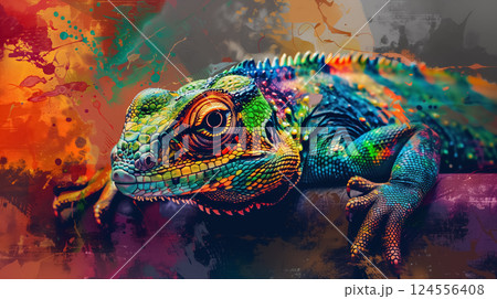 Vibrant chameleon on an abstract backdrop. 124556408