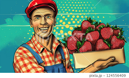 Joyful farmer holding a box of strawberries. 124556409