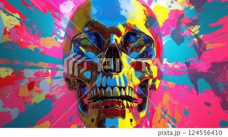 Colorful skull against a splattered backdrop. 124556410