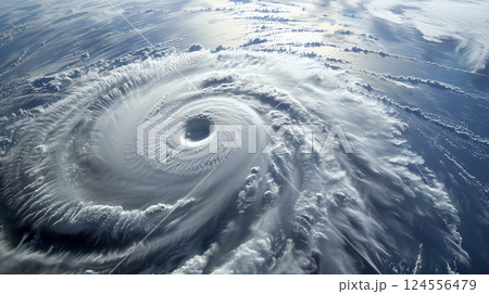 Aerial view of a swirling hurricane. 124556479