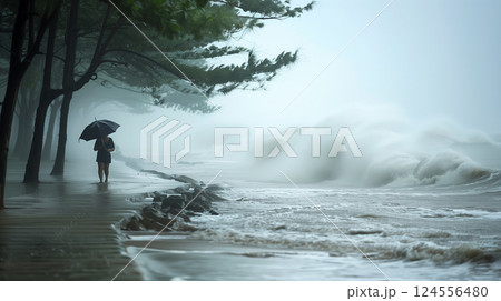 Stormy sea and a lone walker. 124556480