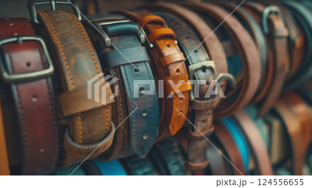 Array of leather belts on display. 124556655