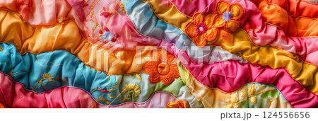 Ruffled, embroidered silk fabrics in colors. 124556656