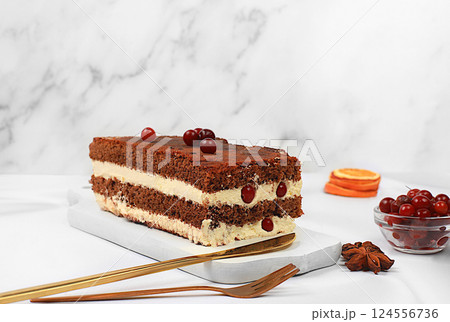 Homemade delicious tiramisu, sponge cake or cake with sweet jam, cream, nuts and cinnamon filling. Modern bakery concept, festive treat and advertising for cafe and restaurant, selective focus 124556736