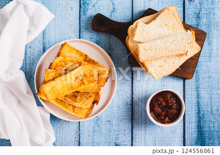French crispy sweet toast on plate on table top view 124556861