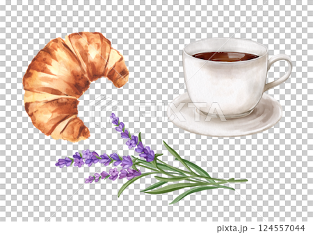 Breakfast illustration. Cup of coffee, croissants and lavender. Hand-drawn. Breakfast illustration. Cup of coffee, croissants and lavender. Hand-drawn. 124557044