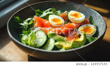 Fresh salad bowl with soft-boiled eggs, smoked salmon, avocado and cucumber 124557133