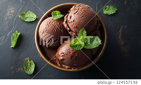 Bowl of chocolate ice cream with mint leaves on dark background 124557138
