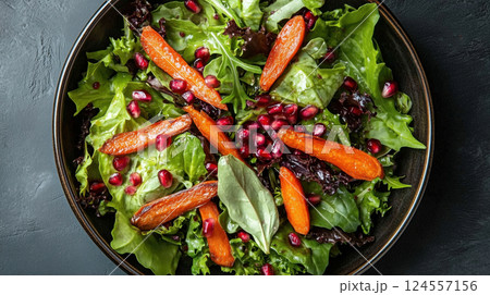 Carrot and pomegranate with fresh greens top view 124557156