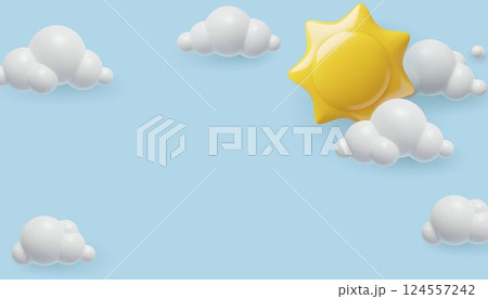 Sky background with sun and clouds cute cartoon 3d vector illustration 124557242