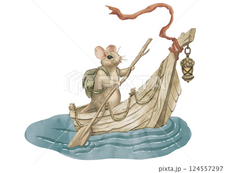 Watercolor illustration of a mouse in a boat. Old wooden boat, hand drawn. Traveling mouse with a backpack and an oar. For printing on children's products, cards, games, dishes, stickers, clothes, etc Watercolor illustration of a mouse in a boat. Old wooden boat, hand drawn. Traveling mouse with a backpack and an oar. For printing on children's products, cards, games, dishes, stickers, clothes, etc 124557297