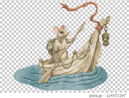 Watercolor illustration of a mouse in a boat. Old wooden boat, hand drawn. Traveling mouse with a backpack and an oar. For printing on children's products, cards, games, dishes, stickers, clothes, etc 124557297