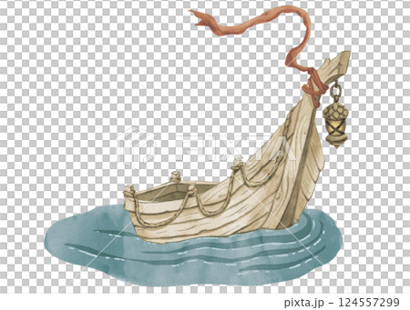 Watercolor illustration of a boat. Old wooden boat with a rope, acorn-shaped lantern and a red ribbon on the stem. Hand-drawn sea boat from a fairy tale. For children's card, game and products. 124557299