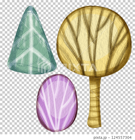 Clip art illustration of watercolor plants: bush, tree and pine, in different colors: purple, yellow, green. Bizarre cartoon illustration without background for children books, magazines, or games. Clip art illustration of watercolor plants: bush, tree and pine, in different colors: purple, yellow, green. Bizarre cartoon illustration without background for children books, magazines, or games. 124557304