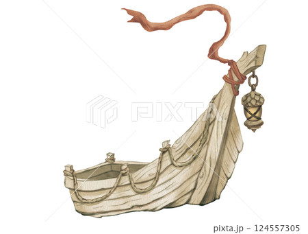 Watercolor illustration of a boat. Old wooden boat with a rope, acorn-shaped lantern and a red ribbon on the stem. Hand-drawn sea boat from a fairy tale. For children's card, game and products. 124557305