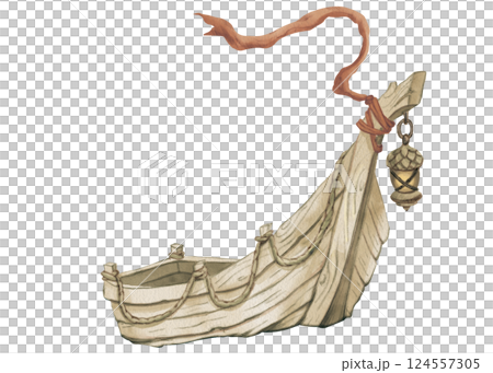 Watercolor illustration of a boat. Old wooden boat with a rope, acorn-shaped lantern and a red ribbon on the stem. Hand-drawn sea boat from a fairy tale. For children's card, game and products. 124557305
