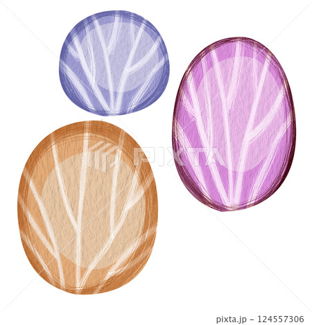 Clip art illustration of three minimalist multicolored bushes. Bizarre cartoon tree illustration without background for children books or games. Rounded shape and different colors: brown, blue, purple 124557306