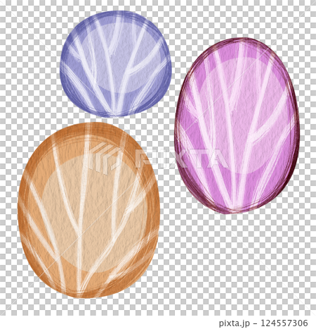 Clip art illustration of three minimalist multicolored bushes. Bizarre cartoon tree illustration without background for children books or games. Rounded shape and different colors: brown, blue, purple 124557306