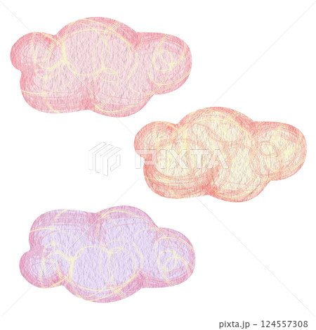 Set of three pink cartoon clouds isolated on white background. Simple, abstract sunset clouds clip art. Watercolor illustration for children's products: books, stationery, stickers, soap, shampoo, etc 124557308