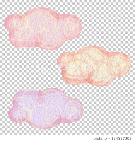 Set of three pink cartoon clouds isolated on white background. Simple, abstract sunset clouds clip art. Watercolor illustration for children's products: books, stationery, stickers, soap, shampoo, etc Set of three pink cartoon clouds isolated on white background. Simple, abstract sunset clouds clip art. Watercolor illustration for children's products: books, stationery, stickers, soap, shampoo, etc 124557308