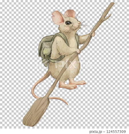 Watercolor hand-drawn illustration of a mouse. Traveling mouse with a backpack and paddle. For printing on children's products, cards, games, dishes, stickers, clothes, etc. Fairytale plot. 124557309