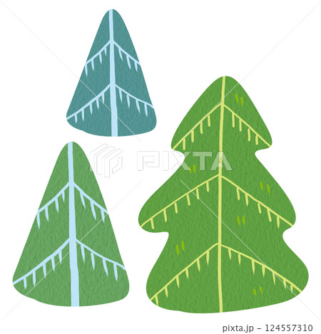 Clip art illustration of three doodle minimalist pine trees. Cozy cartoon spruce without background. Perfect for children festive decorations, seasonal designs, greeting card or christmas invitation. 124557310