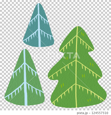 Clip art illustration of three doodle minimalist pine trees. Cozy cartoon spruce without background. Perfect for children festive decorations, seasonal designs, greeting card or christmas invitation. 124557310