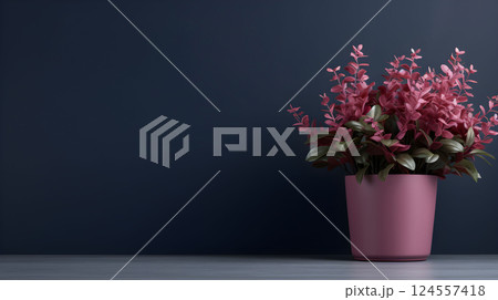 Vibrant pink plant in a modern pot against a dark background enhancing interior decor aesthetics 124557418