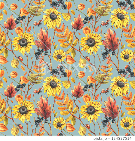 Autumn berries physalis, chokeberry, rowan leaves, maple, birch, rudbeckia flowers tree branches and ladybugs. Watercolor illustrations. Seamless pattern on a blue background 124557514