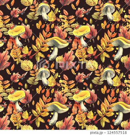 Autumn rowan leaves, maple, birch, russula mushrooms, tree branches and ladybugs. Watercolor illustrations. Seamless pattern on a dark background 124557518