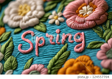 Colorful embroidery design featuring spring flowers and text on blue fabric. Embroidery art depicting the word "Spring" surrounded by vibrant flowers and leaves. Hello spring theme Colorful embroidery design featuring spring flowers and text on blue fabric. Embroidery art depicting the word "Spring" surrounded by vibrant flowers and leaves. Hello spring theme 124557704