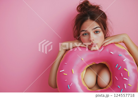Young woman posing with a pink donut-shaped inflatable on a pink background. Donut balloon covering naked woman as a sex symbol. Sweets and diet concept, flirting, objectification, erotic. Copy space 124557718