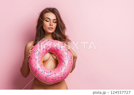 Young woman posing with a pink donut-shaped inflatable on a pink background. Donut balloon covering naked woman as a sex symbol. Sweets and diet concept, flirting, objectification, erotic. Copy space Young woman posing with a pink donut-shaped inflatable on a pink background. Donut balloon covering naked woman as a sex symbol. Sweets and diet concept, flirting, objectification, erotic. Copy space 124557727