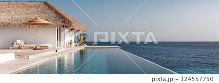 Thatched-roof cabana by an infinity pool overlooking a serene ocean. A tranquil scene featuring a cabana with thatched roof near a luxurious pool. Summer vacation concept, warm summer vibes 124557750